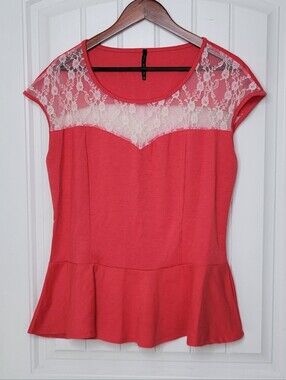 Iris Design Lace Yoke Peplum Top Coral Pink